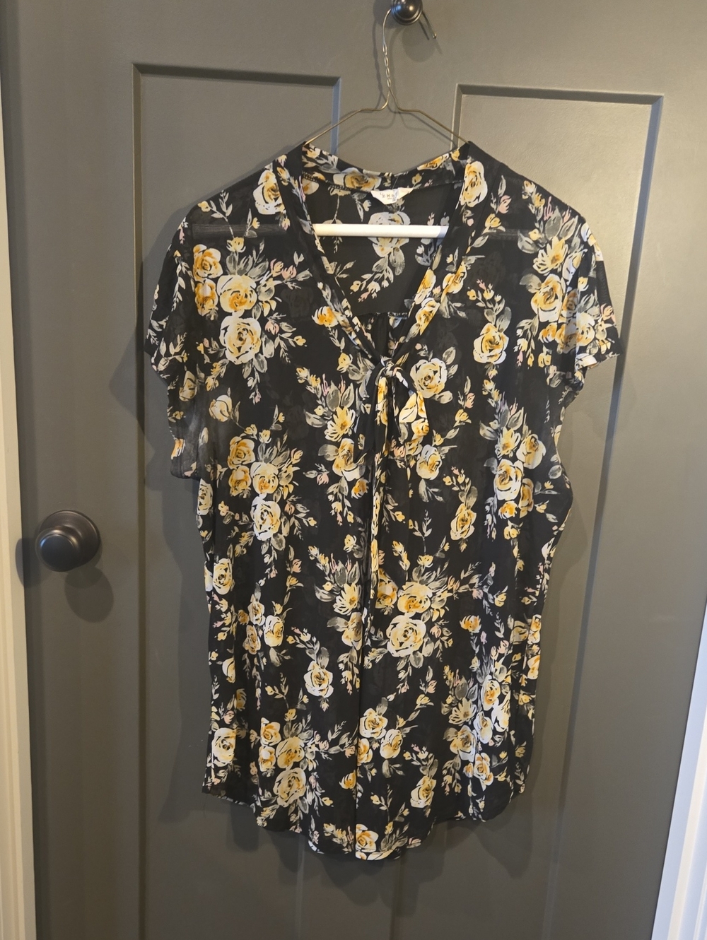 Sheer Tie-Neck Floral Short Sleeve Blouse - Black with Yellow Roses
